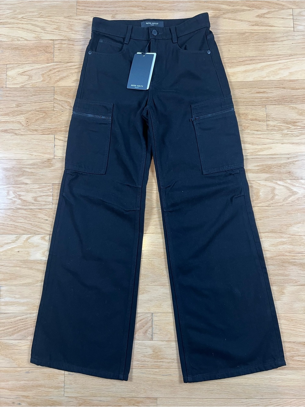 NWT MISS SIXTY Black Flared Cargo Denim Jeans with Zipper Pockets in Size XS - Picture 2 of 16